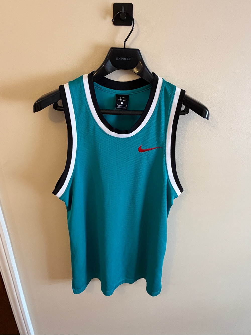 Nike Teal Athletic Basketball Tank with Red Swoosh and Black-White Trim